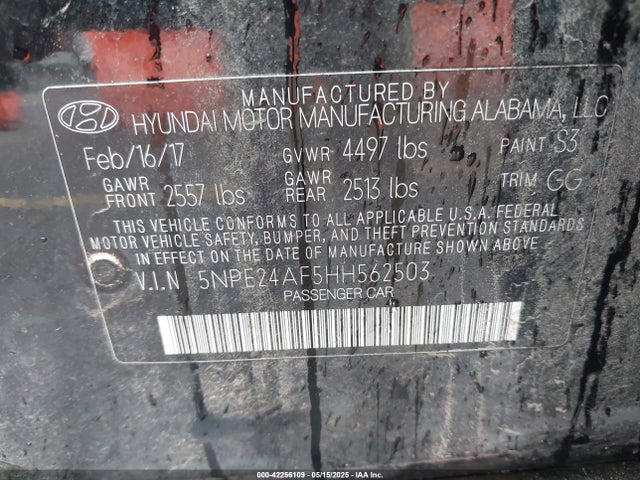 5NPE24AF5HH562503 Hyundai 2017