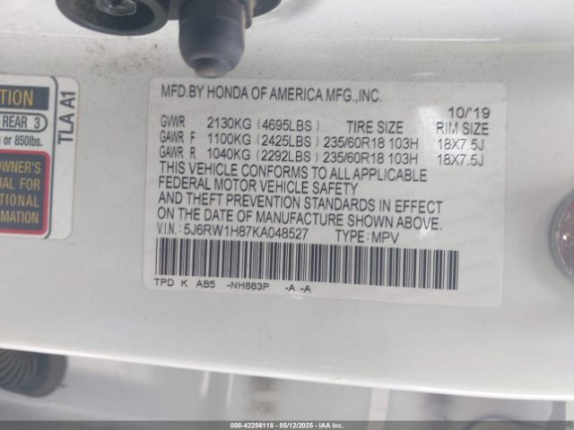 5J6RW1H87KA048527 Honda Cr-v Ex-l