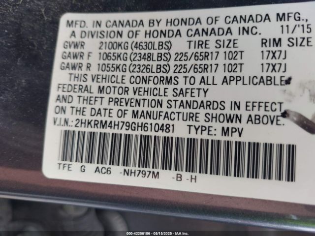 2HKRM4H79GH610481 Honda Cr-v Ex-l