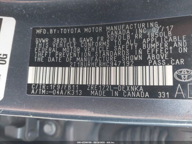 2T1BURHE8HC947192 Toyota COROLLA LE
