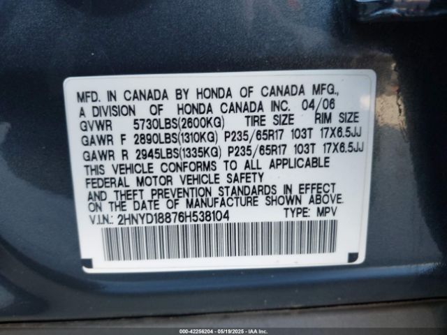 2006 ACURA MDX 2HNYD18876H538104 Photo 8