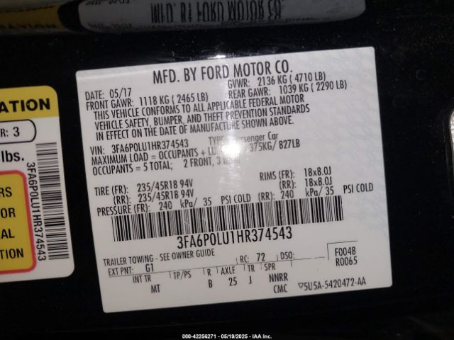 3FA6P0LU1HR374543 Ford Fusion Hybrid Se