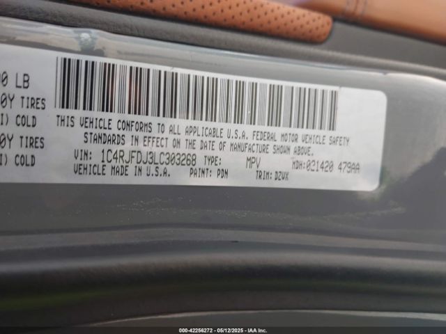 1C4RJFDJ3LC303268 Jeep Grand Cherokee Srt 4x4