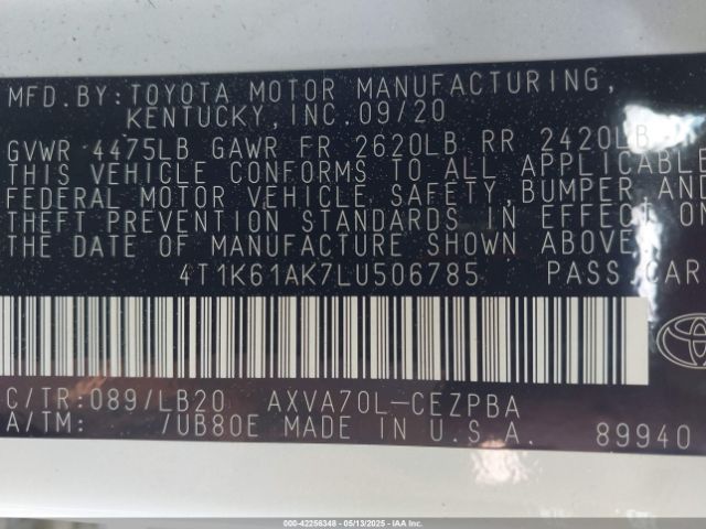 4T1K61AK7LU506785 Toyota CAMRY XSE