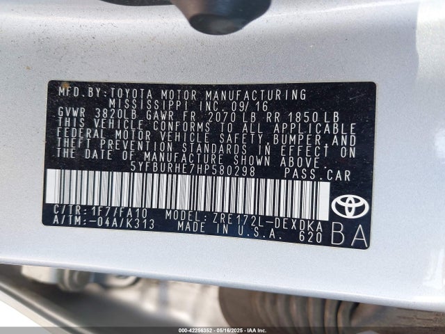5YFBURHE7HP580298 Toyota 2zr-fe