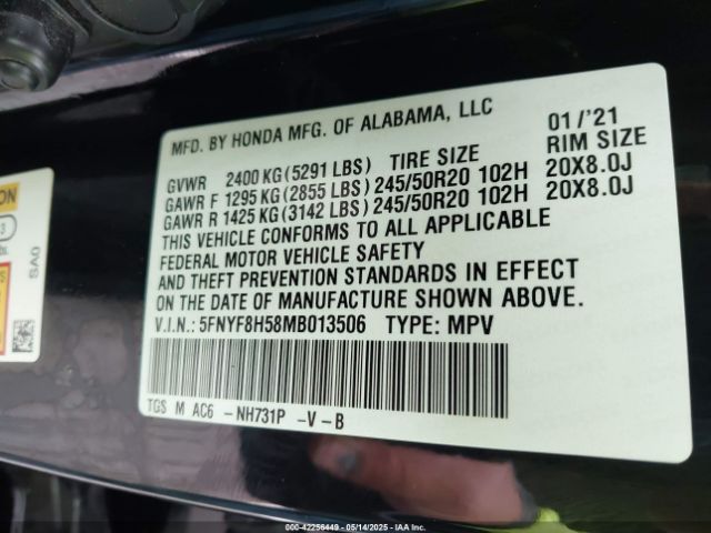 5FNYF8H58MB013506 Honda Passport Awd Ex-l