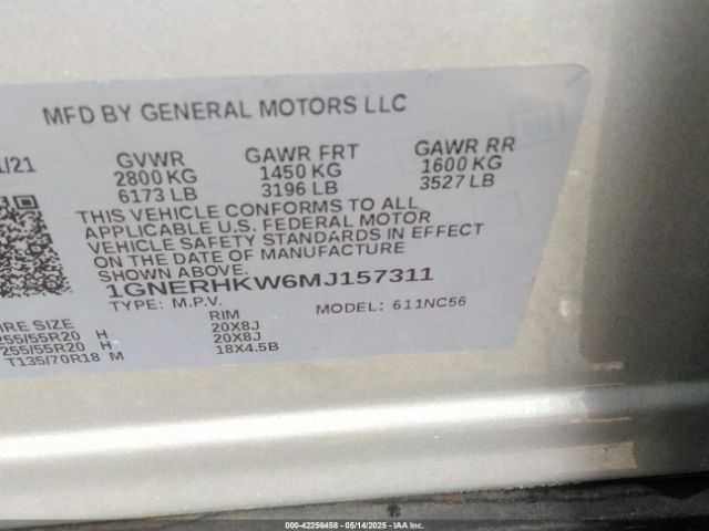 1GNERHKW6MJ157311 Chevrolet Traverse Fwd Lt Leather