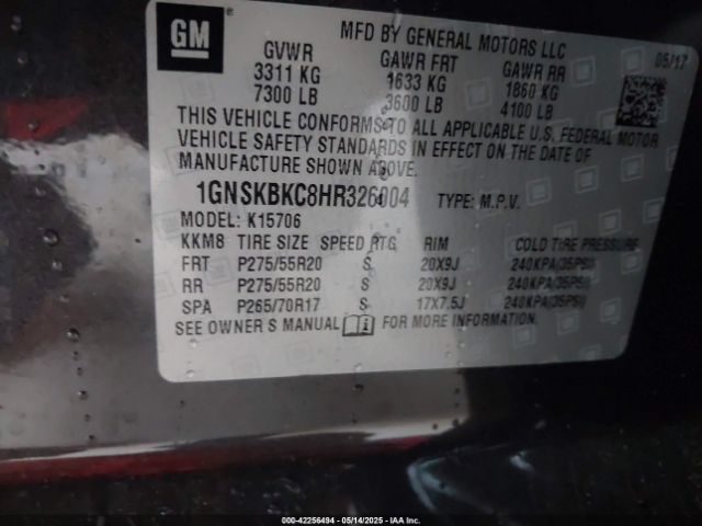 1GNSKBKC8HR326004 Chevrolet l83 - sidi: spark ignited direct injection, vvt: variable valve timing, afm, e85 max, alum