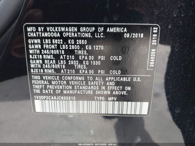 1V2DP2CA6JC600310 Volkswagen 2.0 tsi
