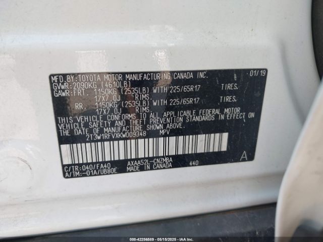 2T3W1RFVXKW009348 Toyota Rav4 Xle