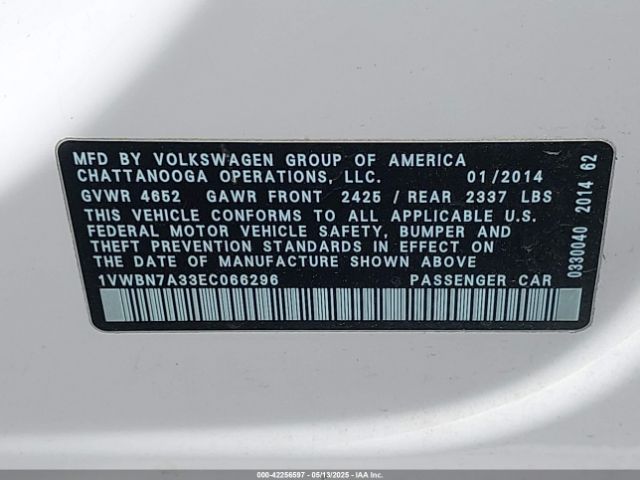 1VWBN7A33EC066296 Volkswagen Passat 2.0l Tdi Se