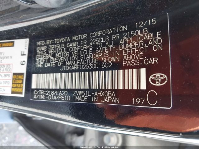JTDKARFU2G3001602 Toyota Prius Four