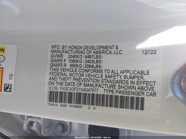 1HGCV3F21NA047677 Honda lfb2