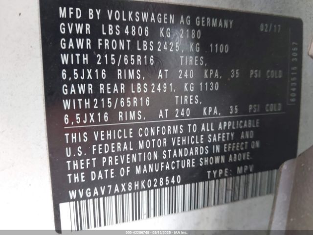 WVGAV7AX8HK028540 Volkswagen Tiguan 2.0t/2.0t S