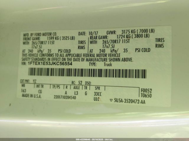 1FTEX1E53JKC56554 Ford F-150 Xl