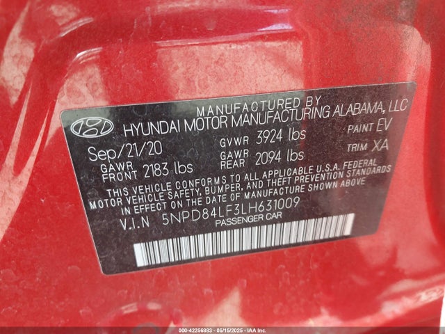 5NPD84LF3LH631009 Hyundai mpi nu