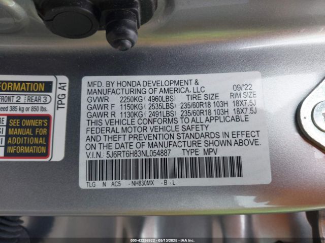5J6RT6H83NL054887 Honda Cr-v Hybrid Ex-l