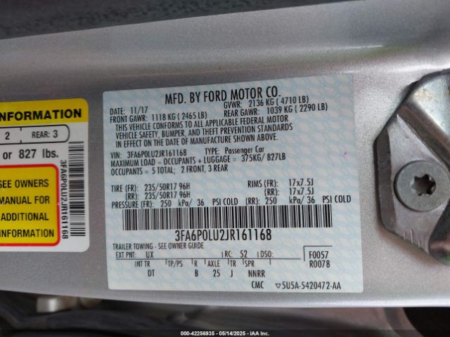 3FA6P0LU2JR161168 Ford Fusion Hybrid Se