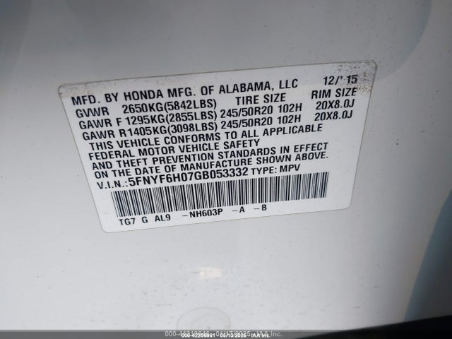 5FNYF6H07GB053332 Honda j35y6