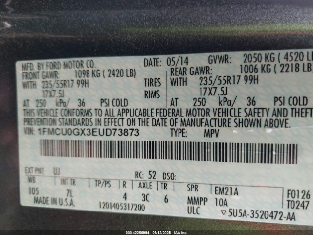 1FMCU0GX3EUD73873 Ford ESCAPE SE