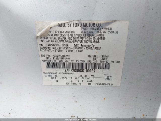 1FAHP2D80GG100939 Ford TAURUS SE