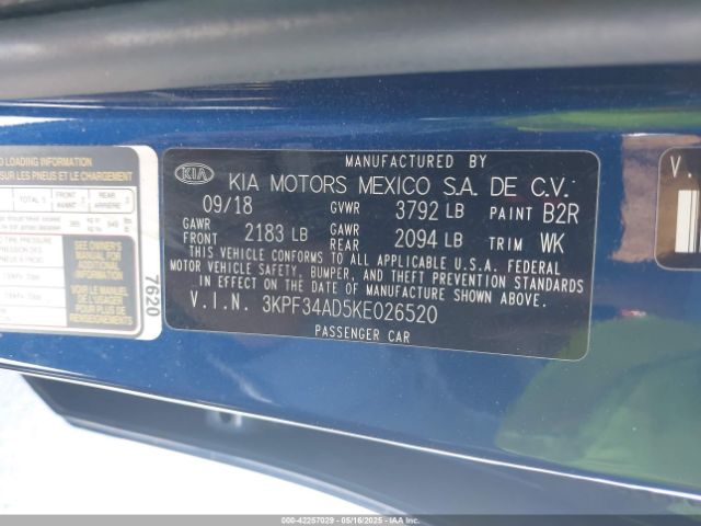 3KPF34AD5KE026520 KIA FORTE S