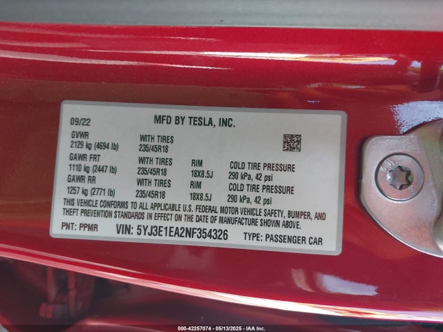 2022 TESLA MODEL 3 5YJ3E1EA2NF354326 Photo 8