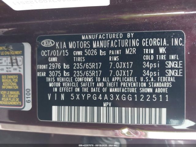 5XYPG4A3XGG122511 KIA Sorento 2.4l Lx