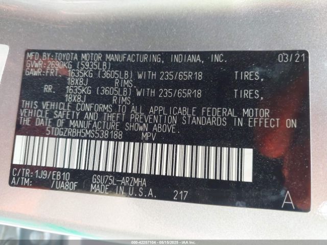 2021 TOYOTA HIGHLANDER 5TDGZRBH5MS538188 Photo 8
