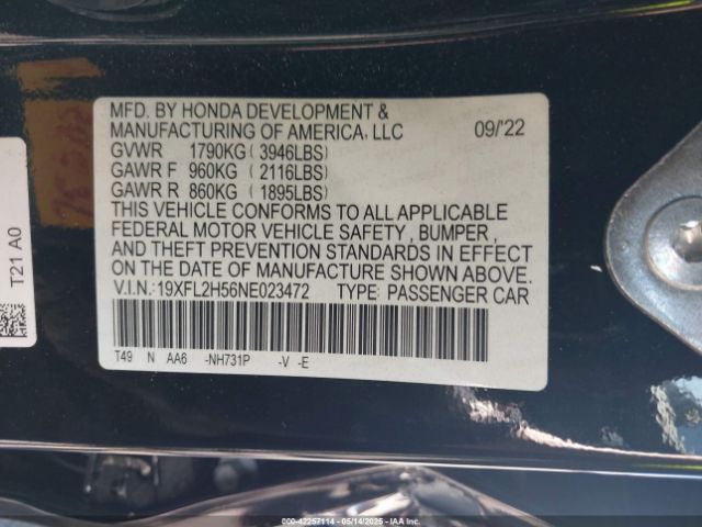 2022 HONDA CIVIC 19XFL2H56NE023472 Photo 8