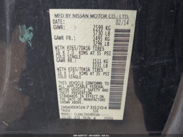 1N6AD0ER5EN730204 Nissan Frontier Desert Runner/s/sl/sv