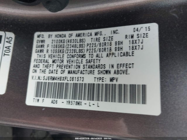 5J6RM4H9XFL061573 Honda Cr-v Touring