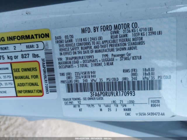 3FA6P0RU9LR170993 Ford Fusion Hybrid Titanium