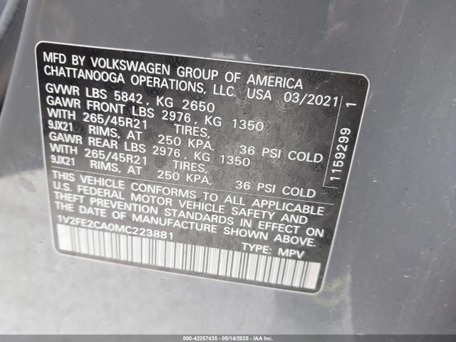 Продажа на аукционе авто 2021 Volkswagen Atlas Cross Sport 3.6l V6 Sel Premium R-line, vin: 1V2FE2CA0MC223881, номер лота: 42257435