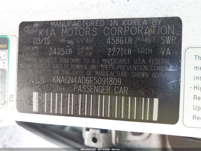 KNAGN4AD6F5091809 KIA Optima Hybrid Ex