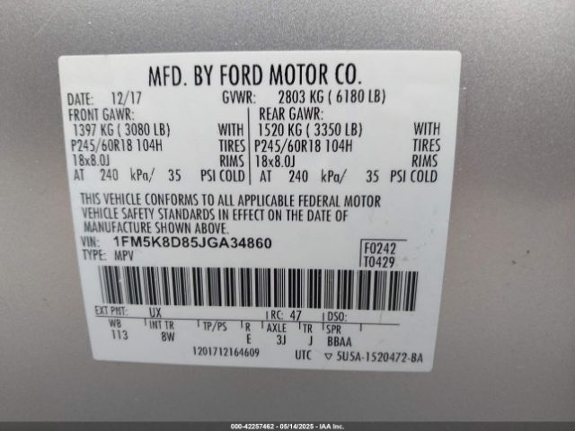 1FM5K8D85JGA34860 Ford EXPLORER XLT