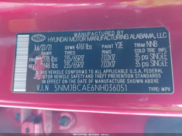5NMJBCAE6NH036051 Hyundai TUCSON SEL