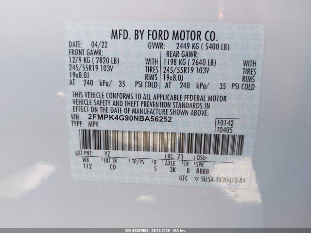 2FMPK4G90NBA56252 Ford EDGE SE