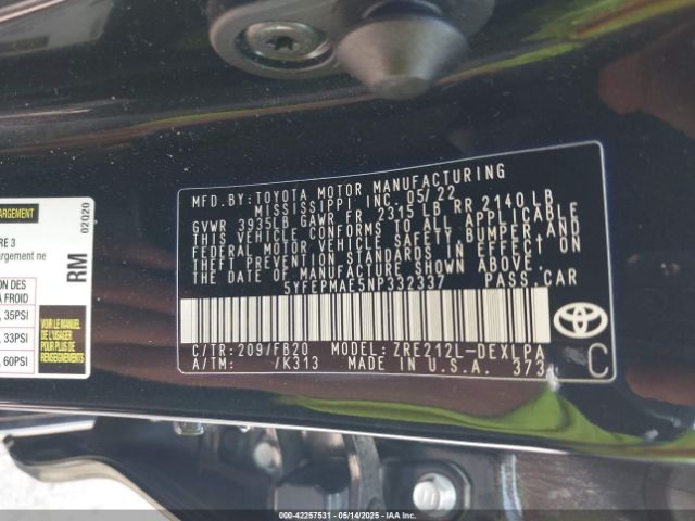 5YFEPMAE5NP332337 Toyota COROLLA LE