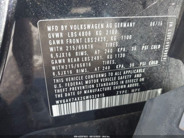 WVGAV7AX2GW032915 Volkswagen TIGUAN S