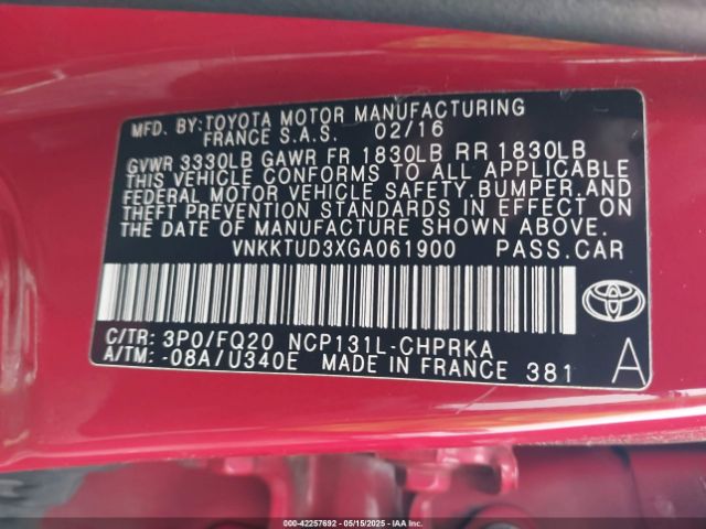 VNKKTUD3XGA061900 Toyota YARIS L