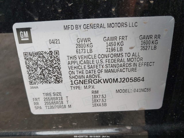 1GNERGKW0MJ205864 Chevrolet Traverse Fwd Lt Cloth
