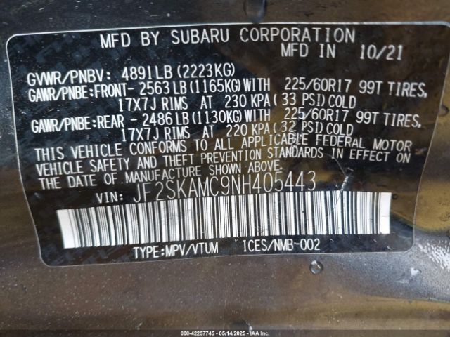 2022 SUBARU FORESTER JF2SKAMC9NH405443 Photo 8