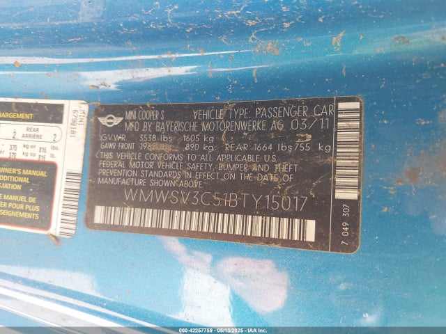 2011 MINI COOPER S WMWSV3C51BTY15017 Photo 8