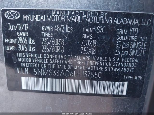 5NMS33AD6LH137550 Hyundai Santa Fe Sel