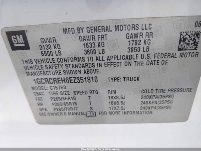 1GCRCREH6EZ351810 Chevrolet Silverado 1500 1lt