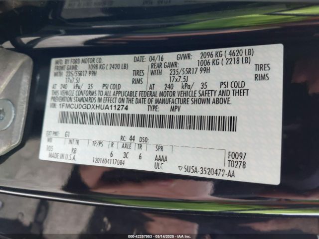 1FMCU0GDXHUA11274 Ford ESCAPE SE
