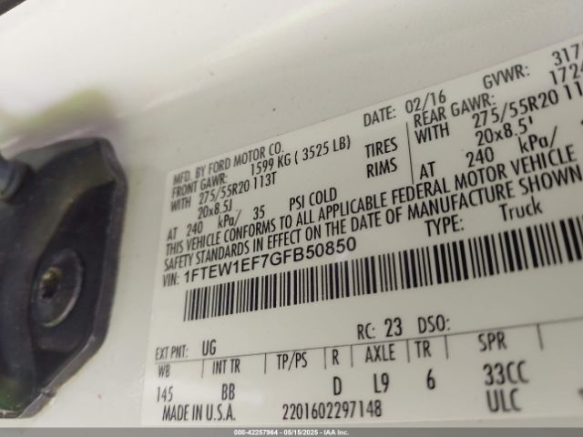 1FTEW1EF7GFB50850 Ford F-150 Platinum