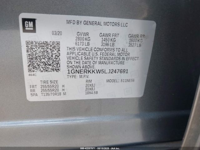 1GNERKKW5LJ247691 Chevrolet Traverse Fwd Premier