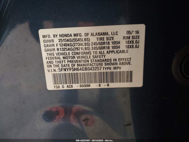 5FNYF5H64GB043257 Honda Pilot Ex-l